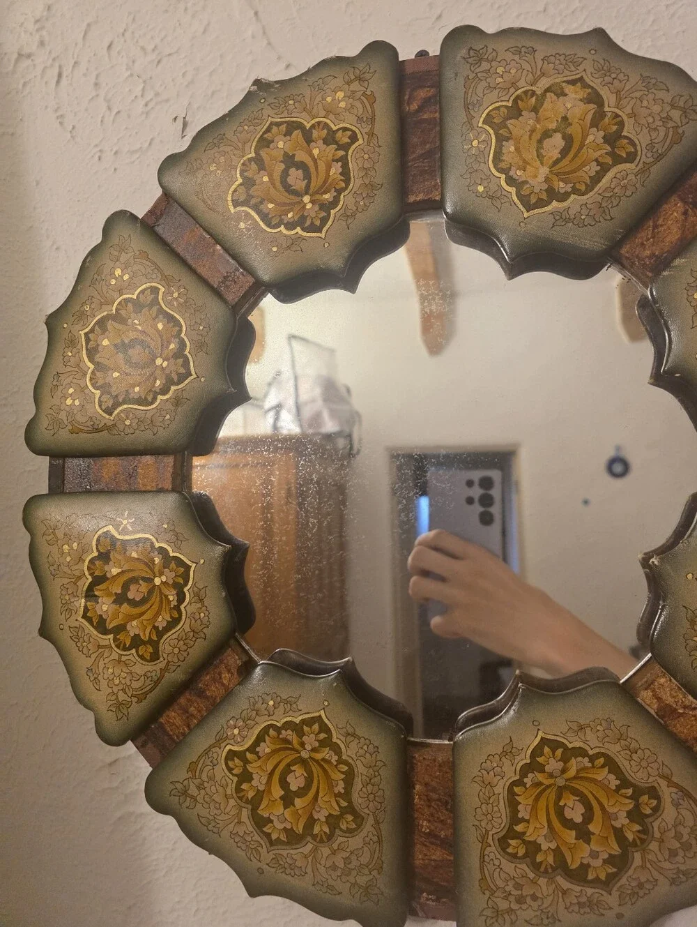 Vintage 1970s Hand Painted Leather Wall Mirror, Round Floral Folk Art Wood Frame